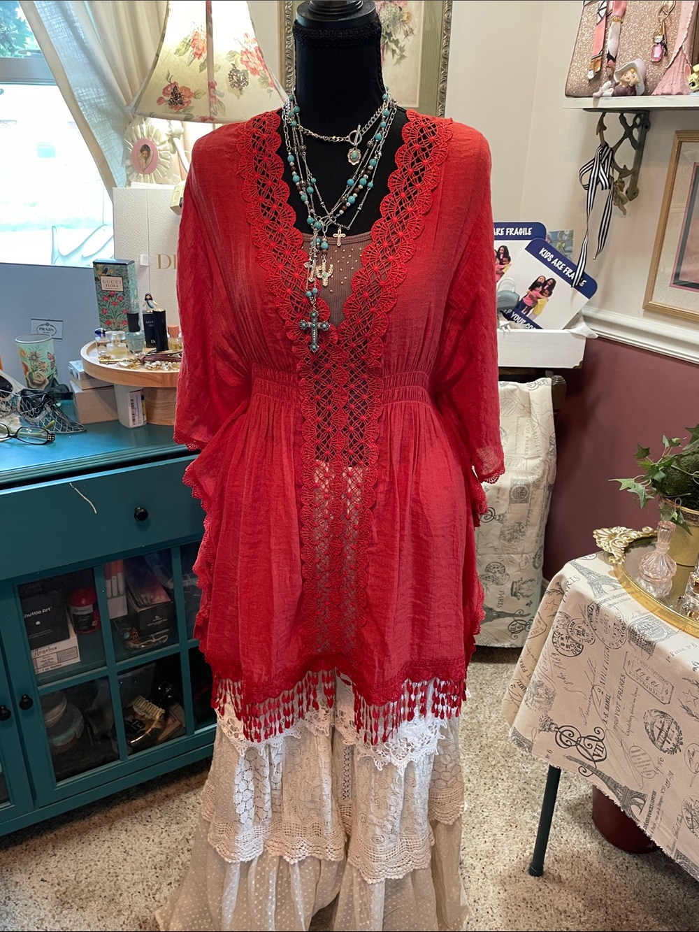Boho Lace-Trim Rust Women's Top with Tassel Hem - Picture 8 of 17
